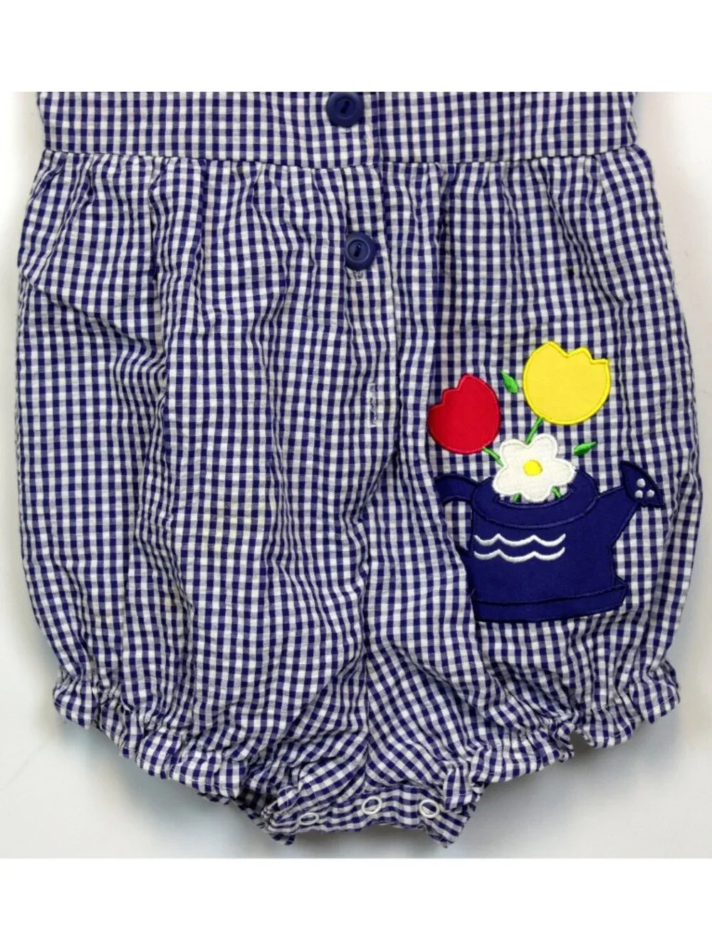 VTG Carter's Girl Romper sz 2T Blue Gingham Tulips Flowers Watering Can Summer